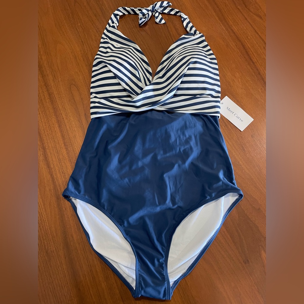 Navy & White halter one piece NWT